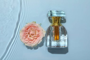 Güzel gül çiçeği ve parfüm şişesi açık mavi arka planda suda, düz yatıyordu.