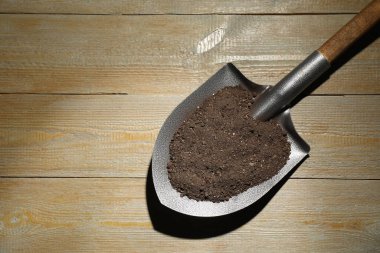 Ahşap masa üzerinde toprak olan metal kürek, üst manzara. Metin için boşluk