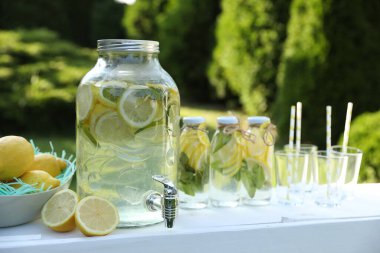 Limonata standı, ferahlatıcı içecek ve parkta taze meyveler.