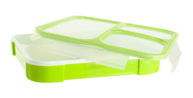 Plastik beslenme çantası ve kapak beyaza izole edilmiş.