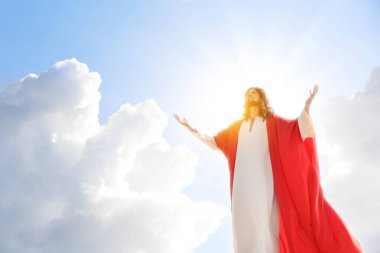 Jesus Christ in sunlight among clouds in sky clipart