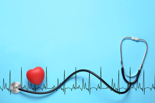 Red decorative heart, stethoscope and electrocardiogram on light blue background, top view