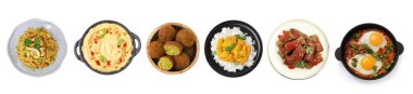 Humus, shakshuka, falafel topları, pilav, sarma ve pirinçli beyaz arka plan, üst manzara. Farklı ulusal geleneksel mutfaklardan oluşan yemek koleksiyonu