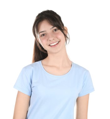 Portrait of smiling teenage girl on white background