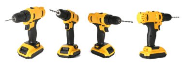 Kablosuz matkap beyaza izole edildi, farklı taraflardan görüntüler