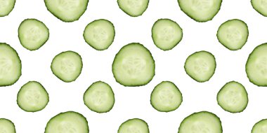 Beyaz zemin üzerinde yuvarlak salatalık dilimleri, desen tasarımı