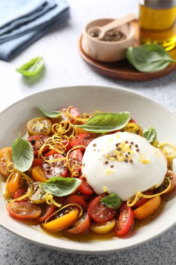 Açık gri masada kasede taze burrata salatası, yakın plan.