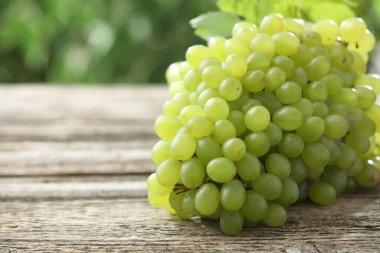 Tahta masada taze üzümler, yakın plan. Metin için boşluk