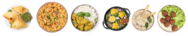 Humus, samosa, falafel topları, pilav, shakshuka ve pirinçli beyaz arka plan, üst manzara. Farklı ulusal geleneksel mutfaklardan oluşan yemek koleksiyonu