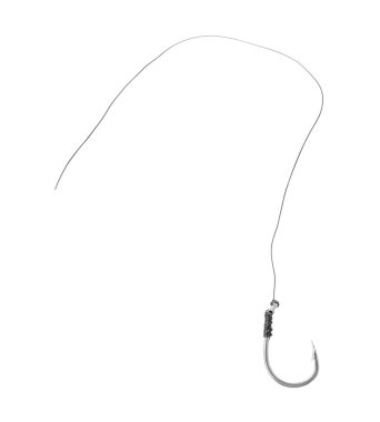 Kancalı bir olta ipi beyaza izole edilmiş, üst manzara