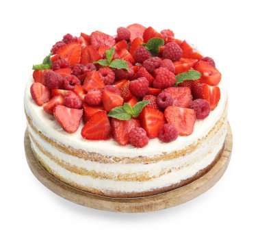 Taze böğürtlenli lezzetli sünger kek ve beyaz üzerine izole edilmiş nane şekeri.