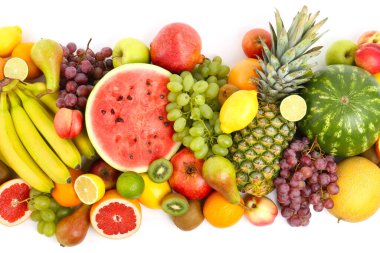 Birçok taze meyve beyaz, üst görünüm izole