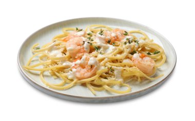 Beyaz karidesli lezzetli makarna.