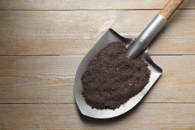 Hafif ahşap masa üzerinde toprak bulunan metal kürek, üst manzara. Metin için boşluk