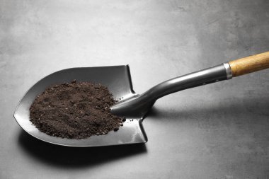 Gri masa üzerinde toprak olan metal kürek.