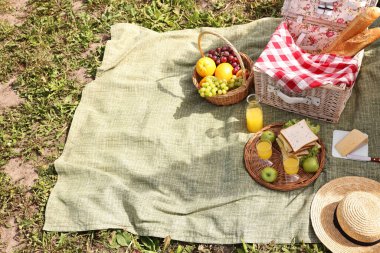 Masa takımlı piknik sepeti, farklı atıştırmalıklar, meyve suyu ve şapka açık havada, mesaj için yer