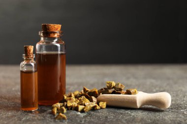 Bal tentürü ve propolis tanecikleri gri desenli masada, yakın plan. Metin için boşluk