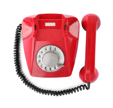 Tek bir kırmızı telefon beyaz renkte, üst görüntüde izole edilmiş.