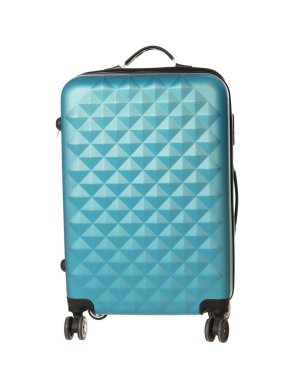 Açık mavi bir bavul beyaz üzerine izole edilmiş.