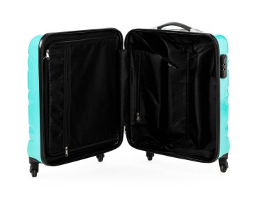 Açık mavi bir bavul beyaza izole edilmiş.