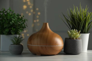 Aroma yağı yayıcı ve beyaz ahşap masa üzerinde ev bitkileri