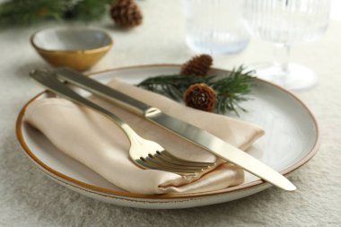Tabak, çatal bıçak, köknar dalları ve kozalaklı Noel sofrası, yakın plan.