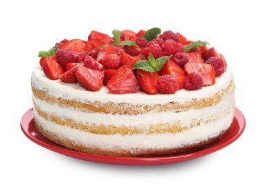 Taze böğürtlenli lezzetli sünger kek ve beyaz üzerine izole edilmiş nane şekeri.