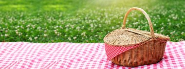 Güneşli bir günde yeşil çimlerin üzerinde piknik battaniyesi ve hasır sepet. Metin için alanı olan pankart tasarımı