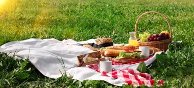 Hasır sepetli piknik battaniyesi, abur cubur ve meyve suyu ve güneşli bir günde yeşil çimlerin üzerinde. Metin için alanı olan pankart tasarımı