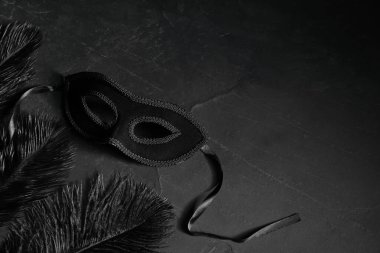 Güzel bir karnaval maskesi ve siyah masadaki tüyler. Metin için boşluk