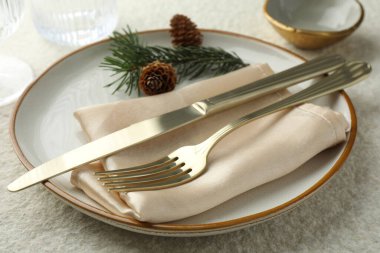 Tabak, çatal bıçak, köknar dalları ve kozalaklı Noel sofrası, yakın plan.