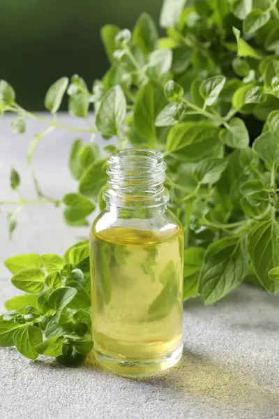 stock image Essential oil in bottle and oregano leaves on light grey textured table, closeup