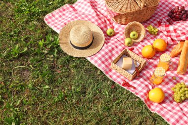 Piknik sepeti, farklı atıştırmalıklar, meyve suyu ve yeşil çimlerin üzerinde şapka, mesaj için yer