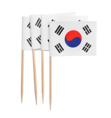 Güney Kore 'nin küçük kağıt bayrakları beyaza izole edilmiş.