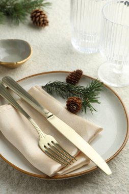 Tabak, çatal bıçak, köknar dalları ve kozalaklı Noel sofrası, yakın plan.