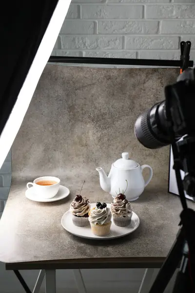 stock image Shooting food in photo studio with professional lighting equipment