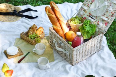Açık havada piknik sepeti, lezzetli yiyecekler, sofra takımı ve içecek.
