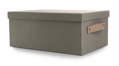 Bir gri kutu, kapağı beyaza ayrılmış.