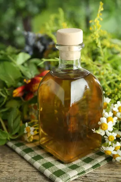 stock image Tinctures in bottle and medicinal herbs on wooden table