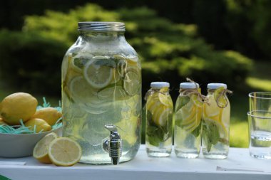 Limonata standı, ferahlatıcı içecek ve parkta taze meyveler.