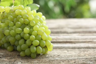 Tahta masada taze üzümler, yakın plan. Metin için boşluk