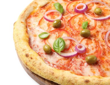 Lezzetli vejetaryen pizza ve taze fesleğen.