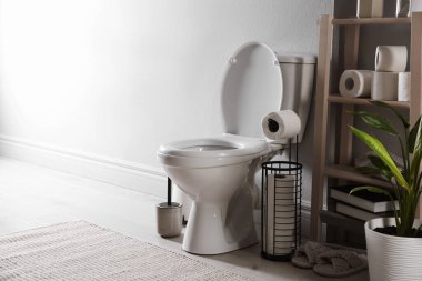 Banyoda beyaz klozet, kağıt rulo ve çiçek var. Metin için boşluk