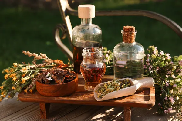 stock image Different tinctures in bottles, bark chips and flowers on wooden bench outdoors, closeup