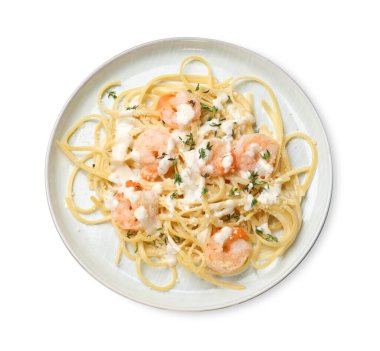 Beyaz karidesli lezzetli makarna, üst manzara.