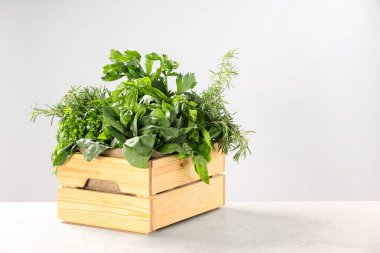 Beyaz masadaki ahşap sepetin içinde farklı taze otlar. Metin için boşluk