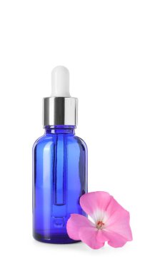 Sardunya yağı şişede ve güzel çiçek beyazda izole edilmiş.