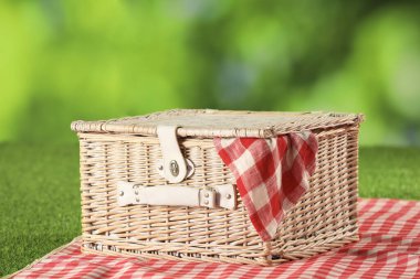 Bir piknik sepeti, kareli peçete ve çimlerin üzerindeki battaniye, bulanık yeşil arka plan, yakın plan.