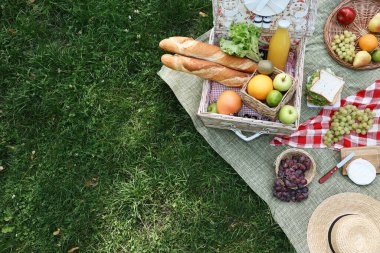 Picnic wicker basket with delicious food and drink on blanket outdoors, above view. Space for text clipart