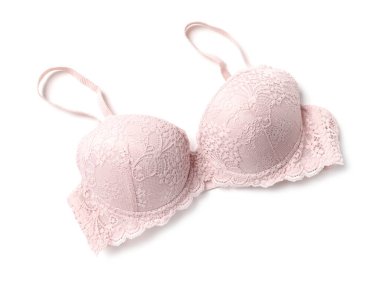 Zarif pembe dantelli kadın iç çamaşırları beyaz, üstten görünüyor.